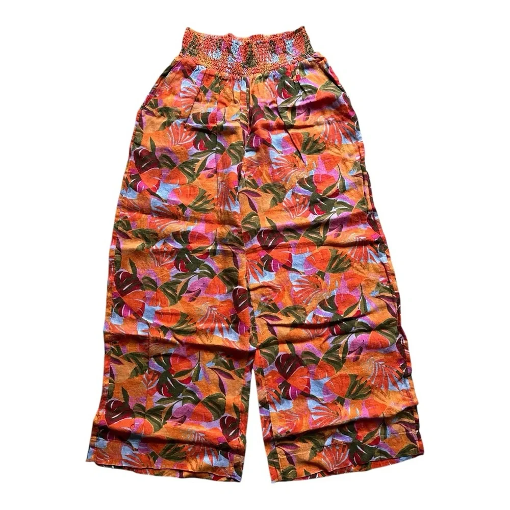 C&C California 100% Linen Orange and Pink Tropical Floral Wide Leg Pant - Picture 1 of 8